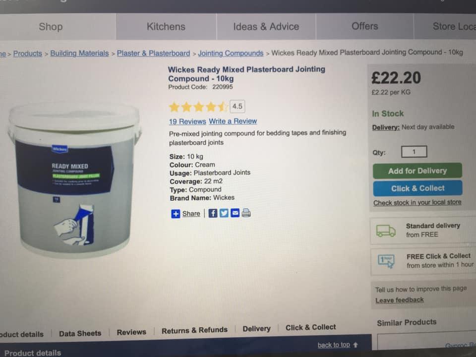 Wickes Ready Mixed Jointing Compound in ME14 Maidstone for £15.00 for
