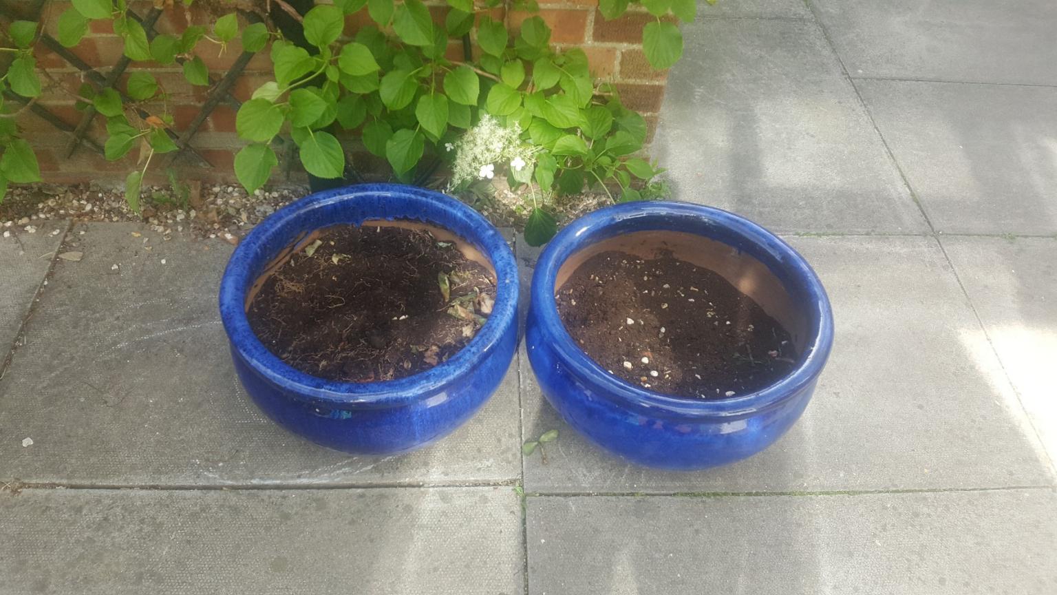 Two large blue garden pots glazed in MK41 Castle for £34.00 for sale