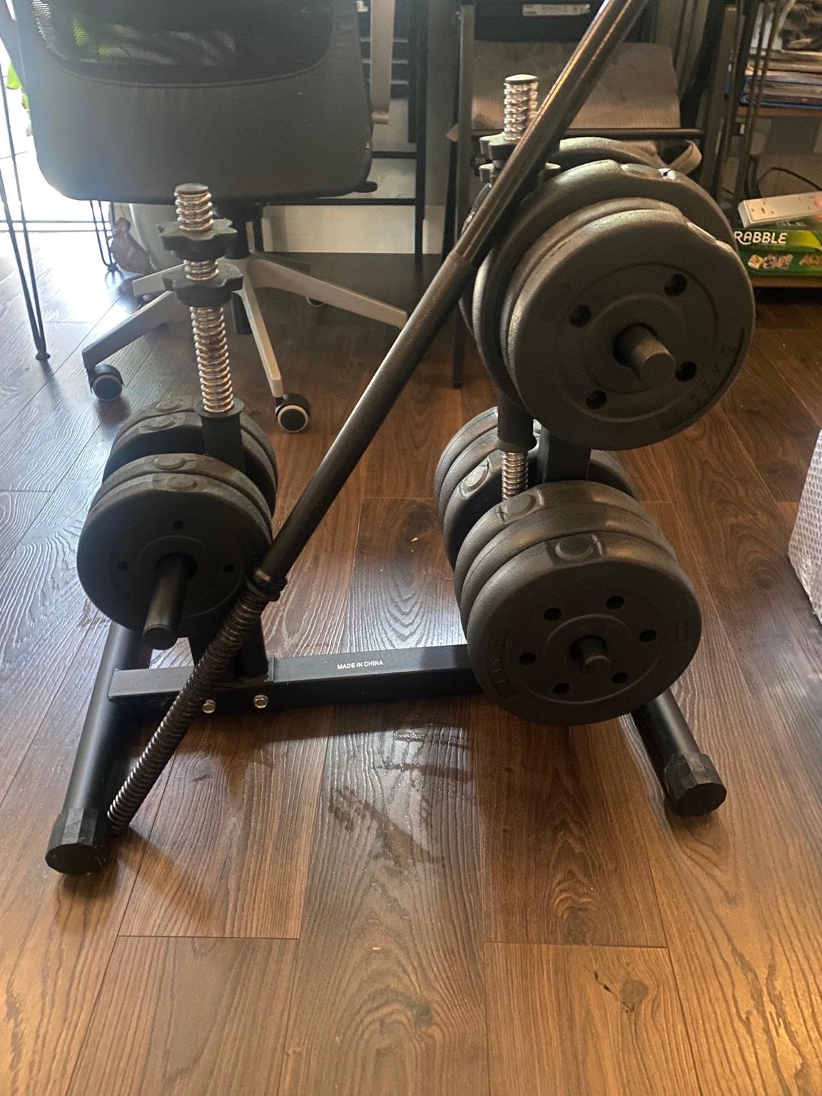 Dumbbell, long bar weights and stand RRP £150 in SE7 London for £50.00