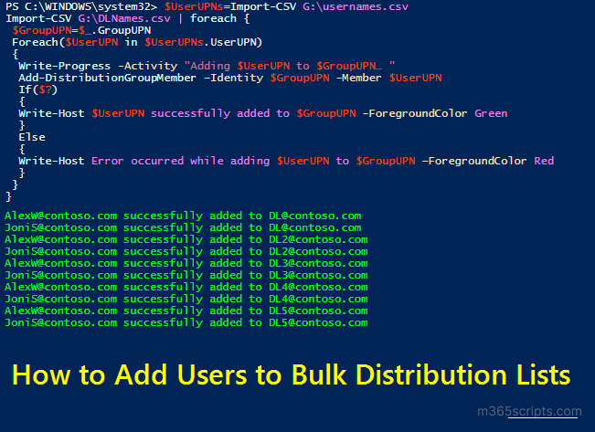 Add a User to Multiple Distribution Lists in Office 365 using 