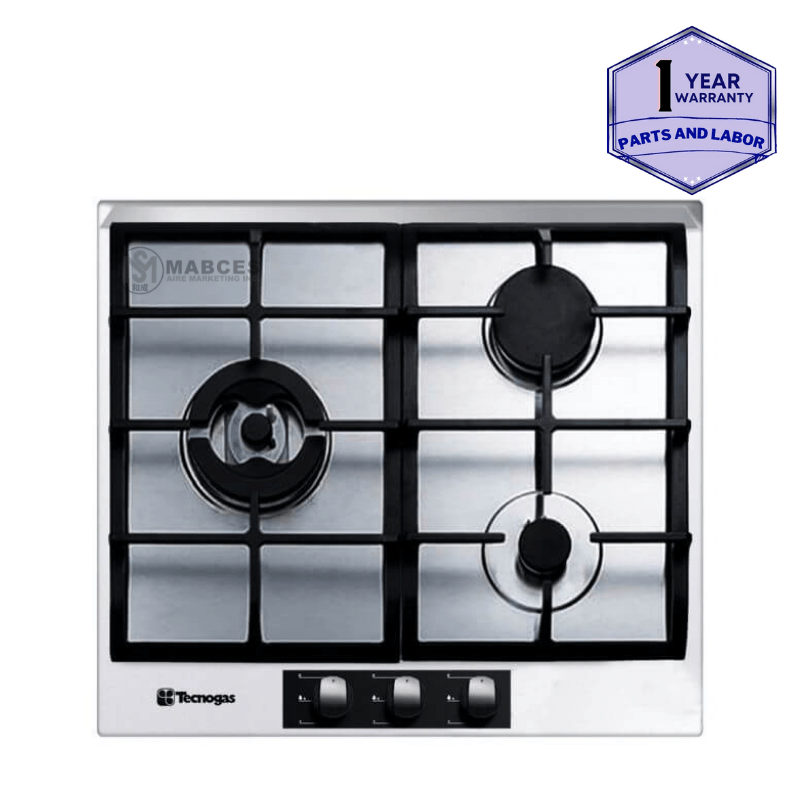 Tecnogas 60cm 3 Gas Burners with Wok Stand, Cast Iron Pan Support