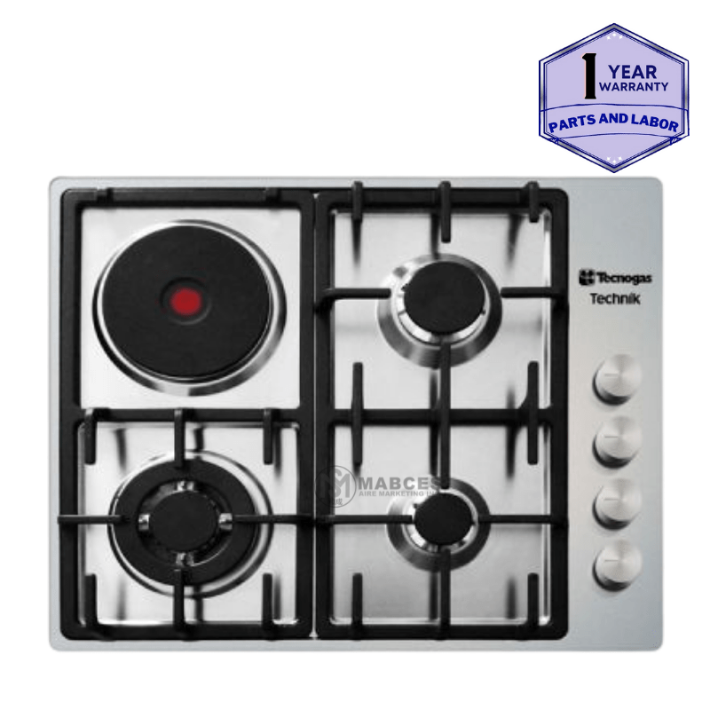 Tecnogas 60cm 3 Gas Burners + 1 Electronic Plate with Wok Stand, Cast