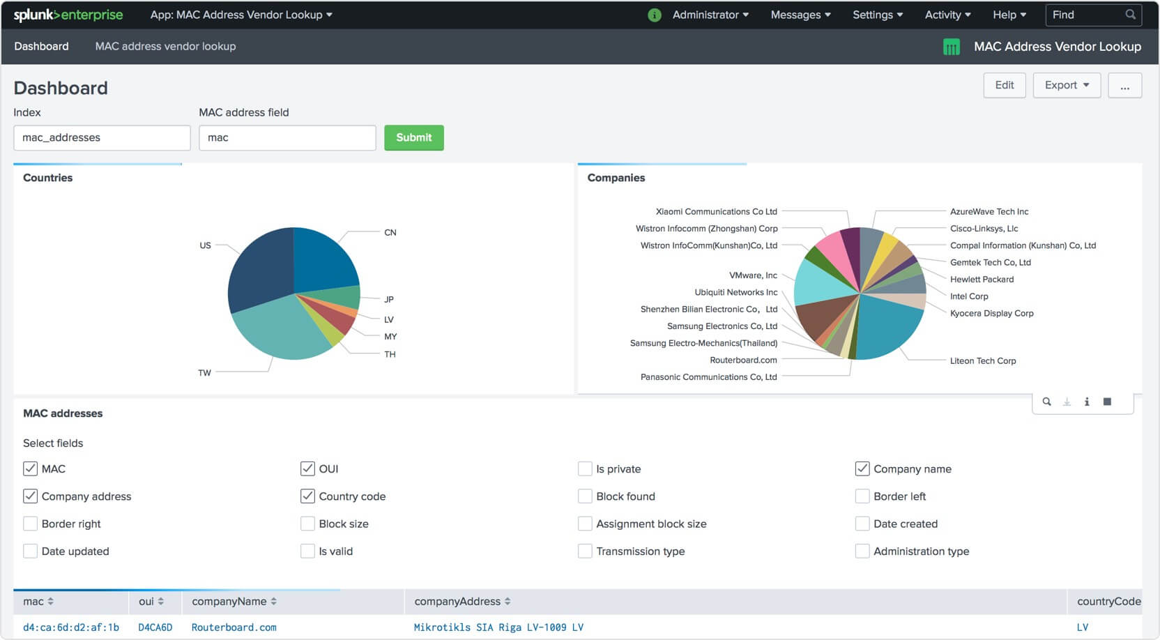 Splunk module Integrations API MAC Address Vendor Lookup
