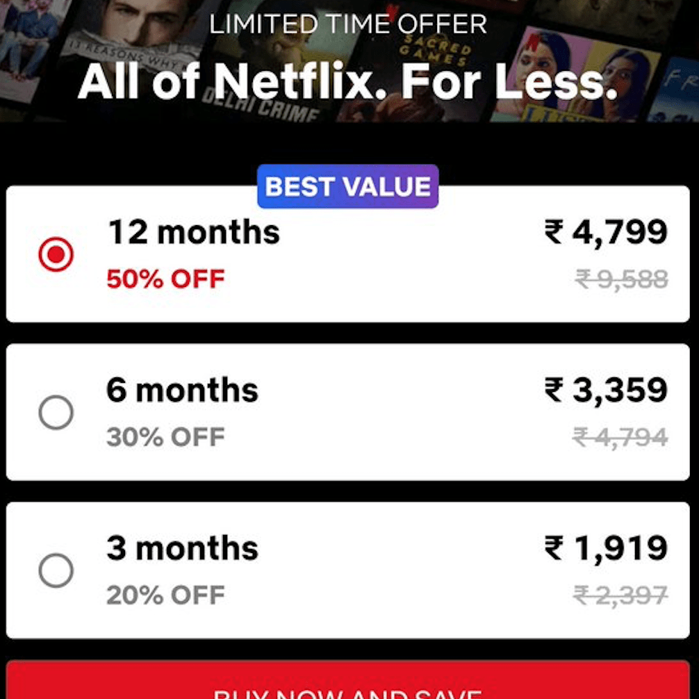 India Netflix annual subscription at half price mac&egg