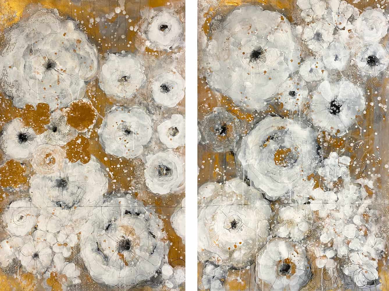 Buy Mixed Media on Paper of White Flowers on Gold Background Gold