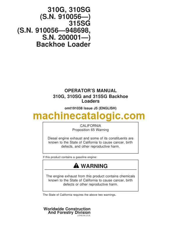 John Deere 310G 310SG 315SG Backhoe Loader Operators Manual (OMT191038