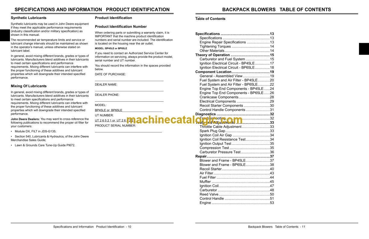 John Deere BP45LE and BP65LE Backpack Blowers Technical Manual