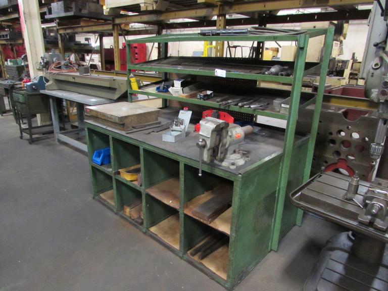 Machines Used Steel Work Bench with Upper Shelves and Bench Vise