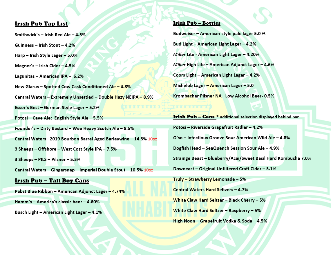 Taps/Bottles/Cans updated 3/02/2022 The Irish Pub 317 State St.