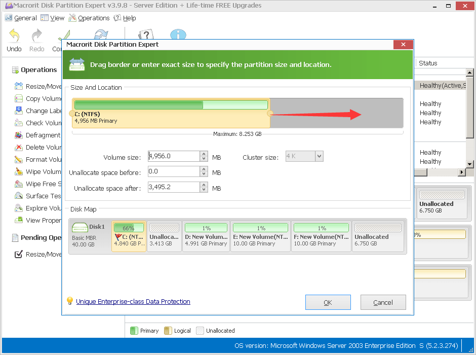 Resize Partition for Windows Server 2003 with 100 Data Intact.