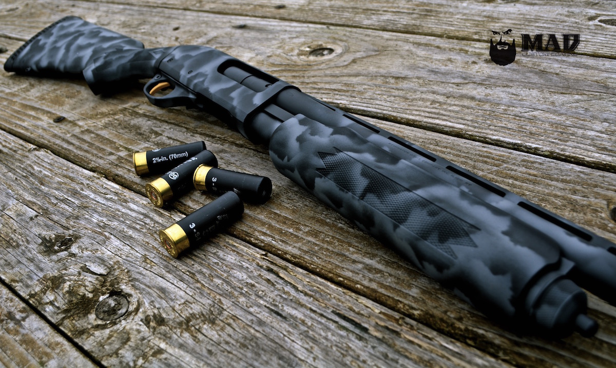 870 in 3 color MAD Edge Camo w/ Cerakote Gold trigger Mad Custom