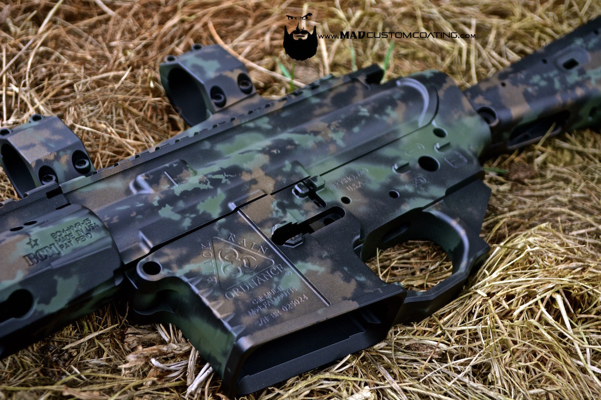 MAD Grunge Camo on an AR15 in MAD Black, Burnt Bronze & Highland Green
