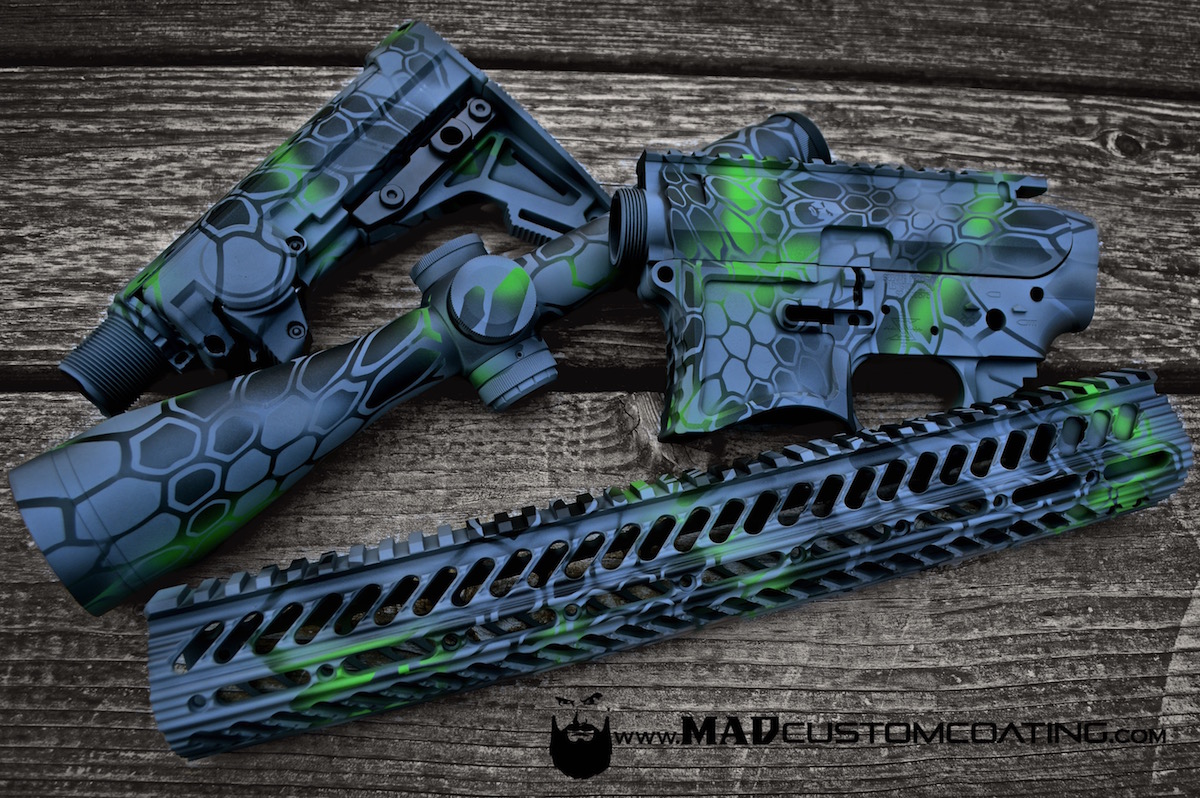 MAD Dragon Camo on an AR15 set w/Leupold Optic in MAD Black, MAD Green, Sniper Grey & Smith's