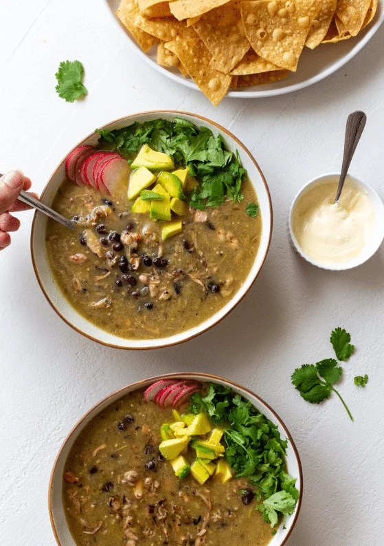 Roasted Tomatillo & Black Bean Soup with Pulled Jackfruit (Vegan)