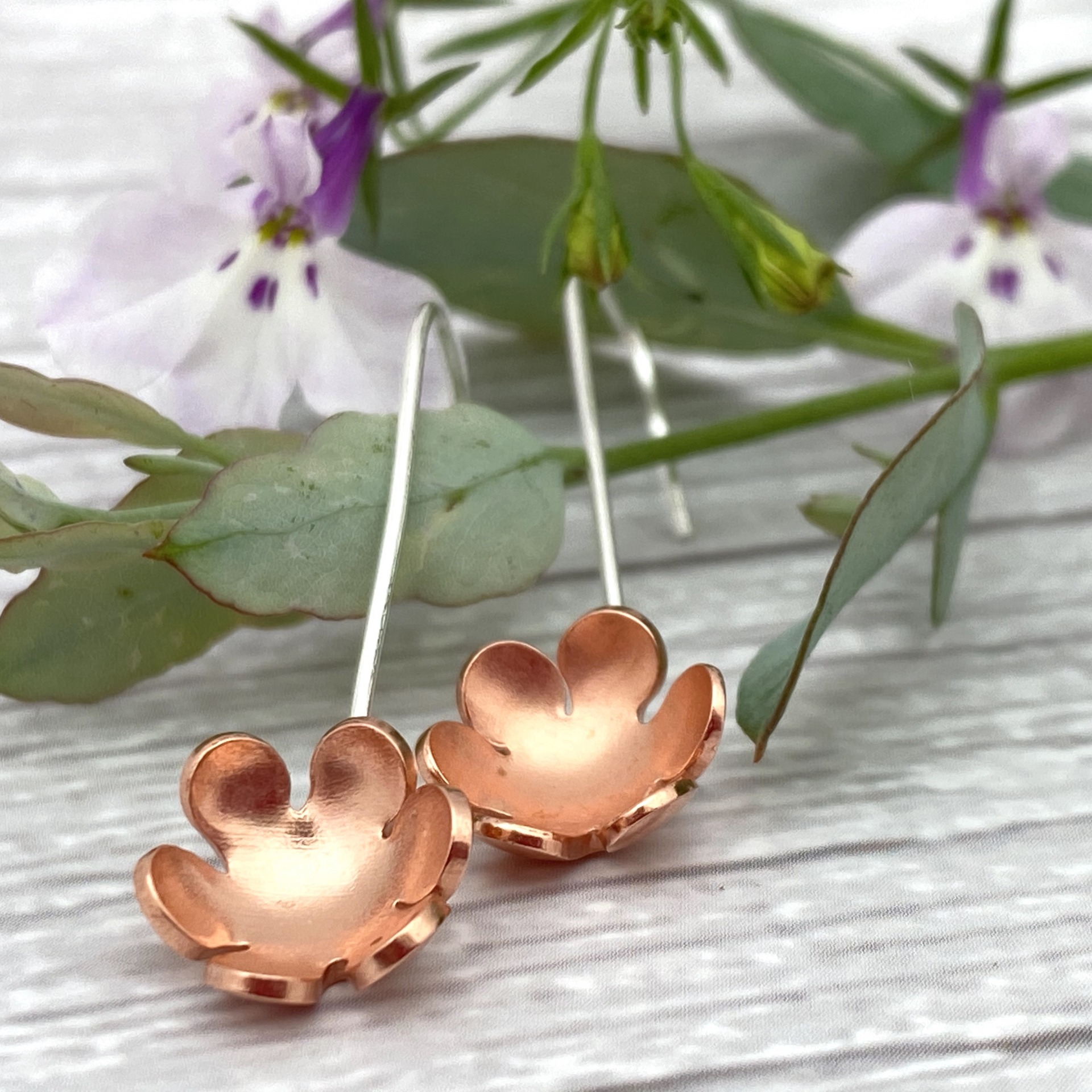 Copper Flower Earrings made in Yorkshire