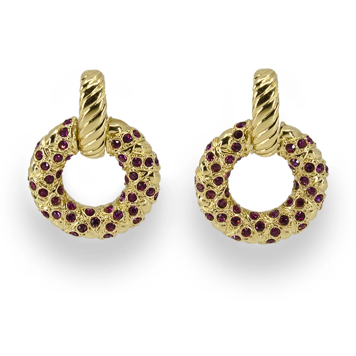 YSL Earrings,1980s Yves Saint Laurent Gold Hoop Ear Clips, Red Crystals