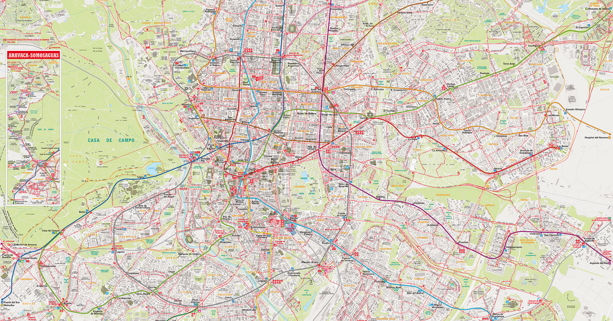Map of Madrid bus & Búhos stations & lines