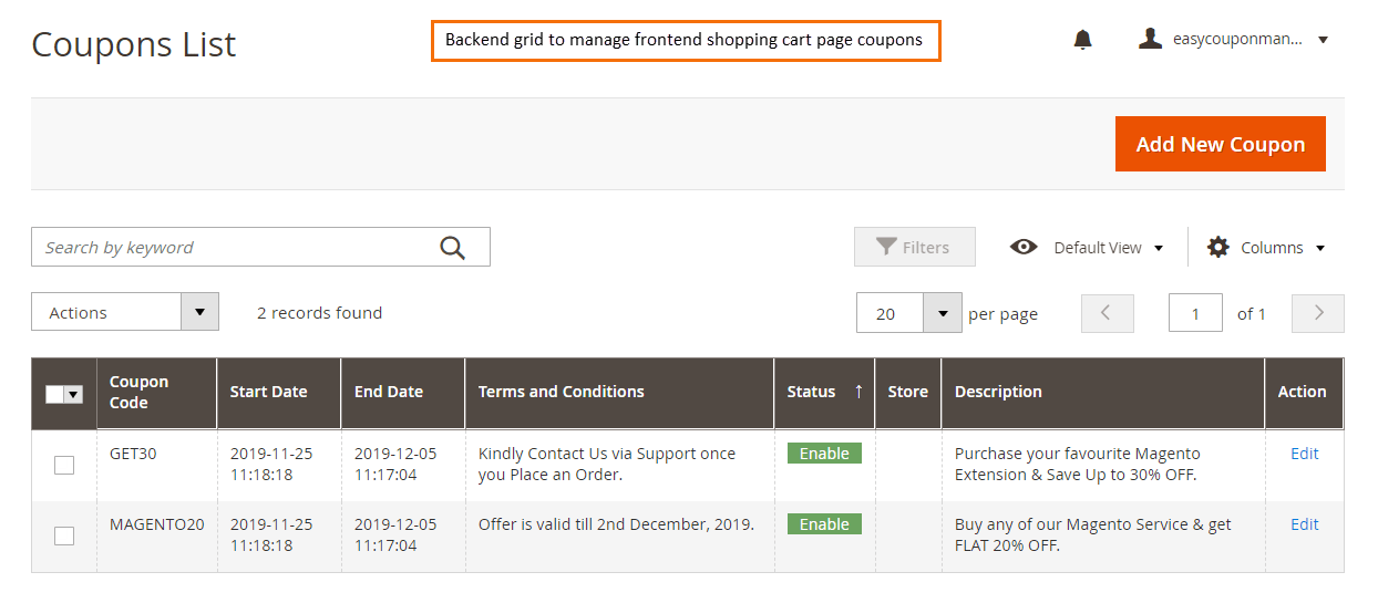Backend Grid to Manage Coupons Support Portal for Magento Extensions