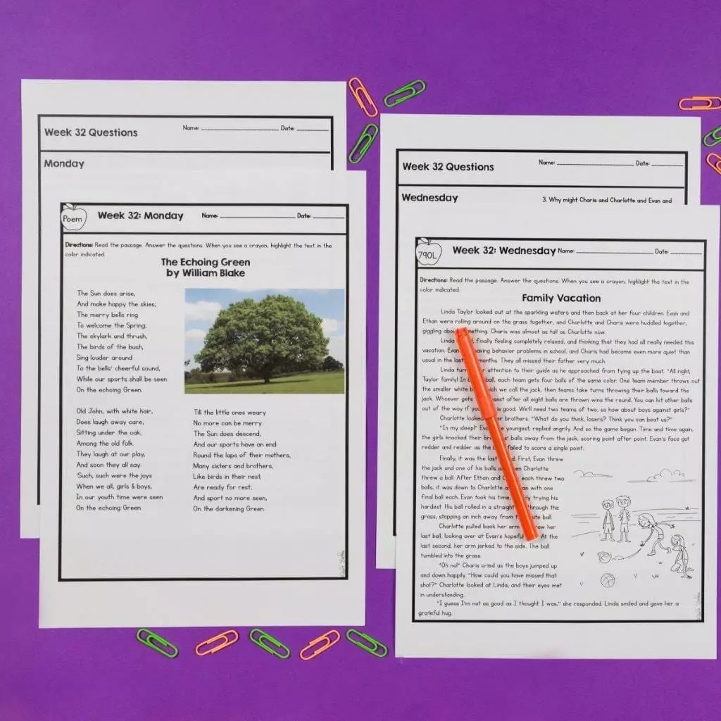 2nd Grade Reading Spiral Review with Lexile Levels Full Year ELA