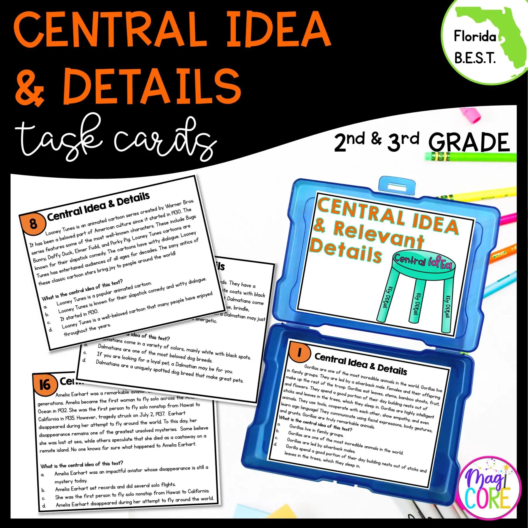 Central Idea & Details Task Cards - 2nd & 3rd Grade | MagiCore