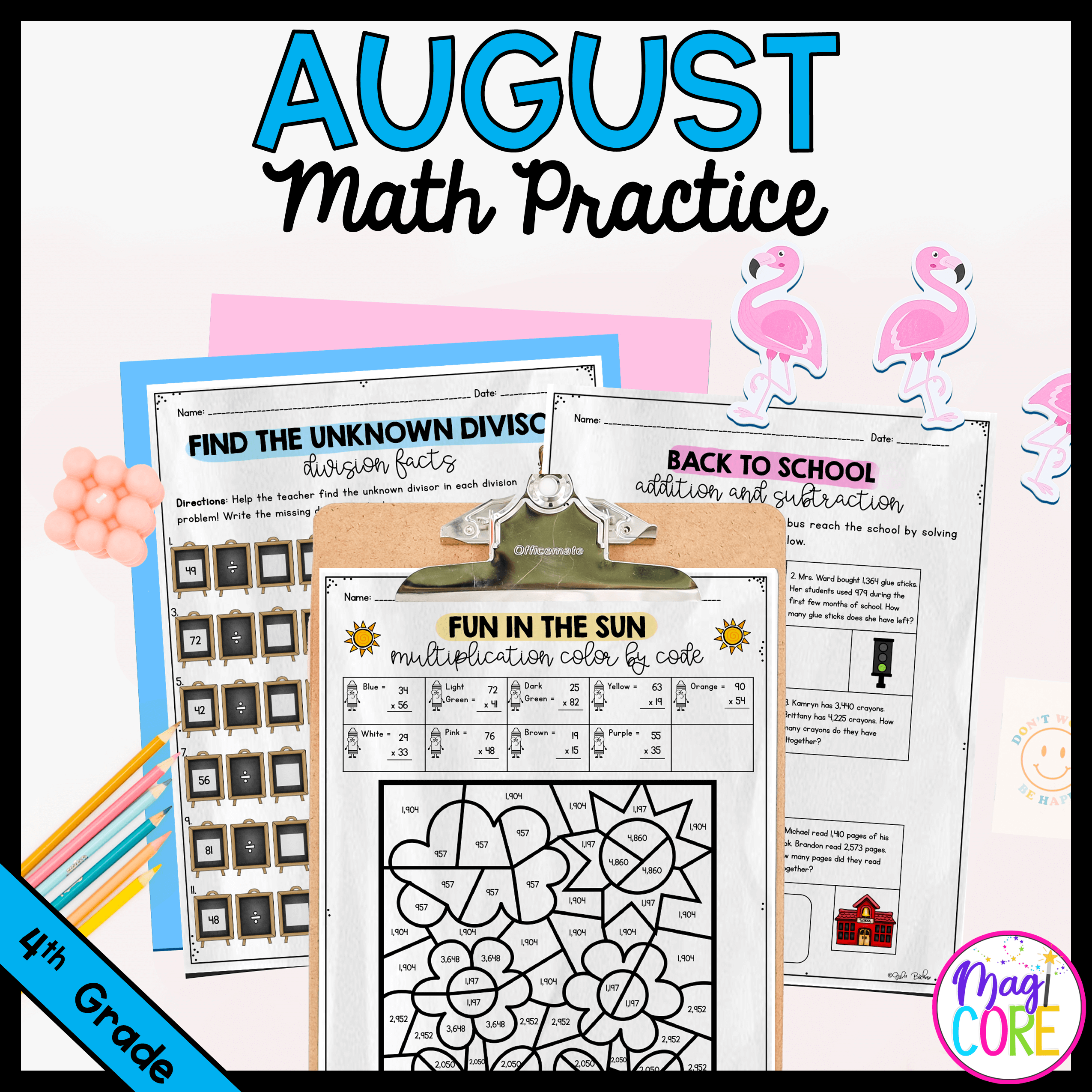 August Themed Math Practice 4th Grade MagiCore