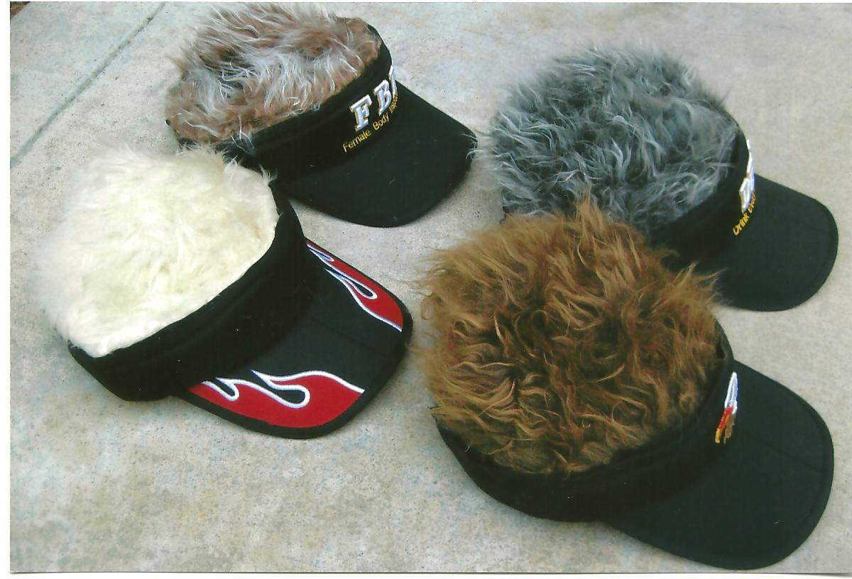 Fun hairy visor and novelty hats.