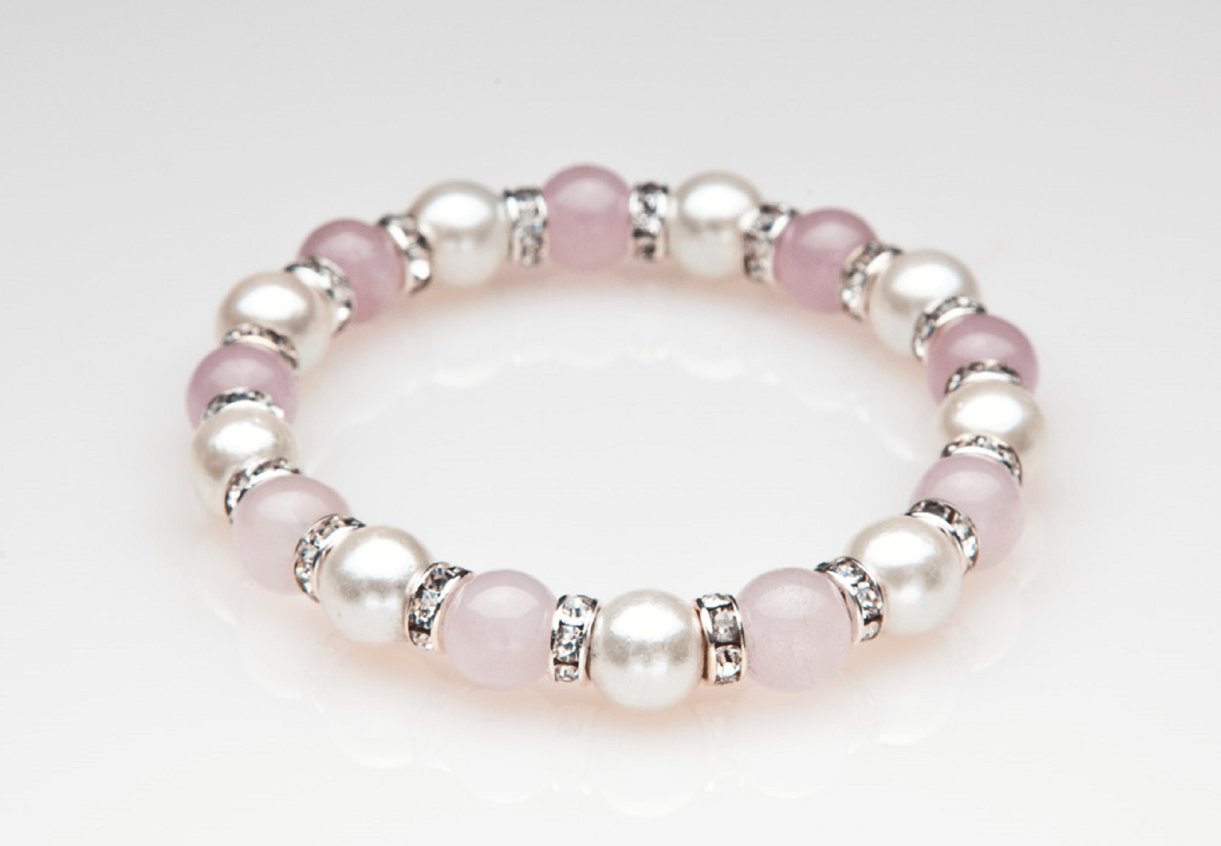Rose Quartz, White and Crystal Stretch Bracelet M0116RWC