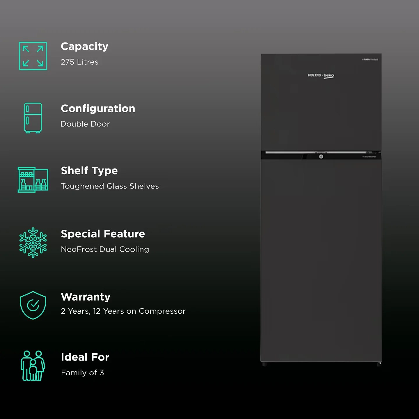 Voltas Beko RFF295D60/XBRXDIXXX 275 Litres 2 Star Frost Free Double Do