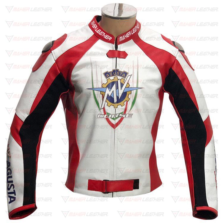 Red & white MV agusta motorcycle jacket for sale Maher leathers