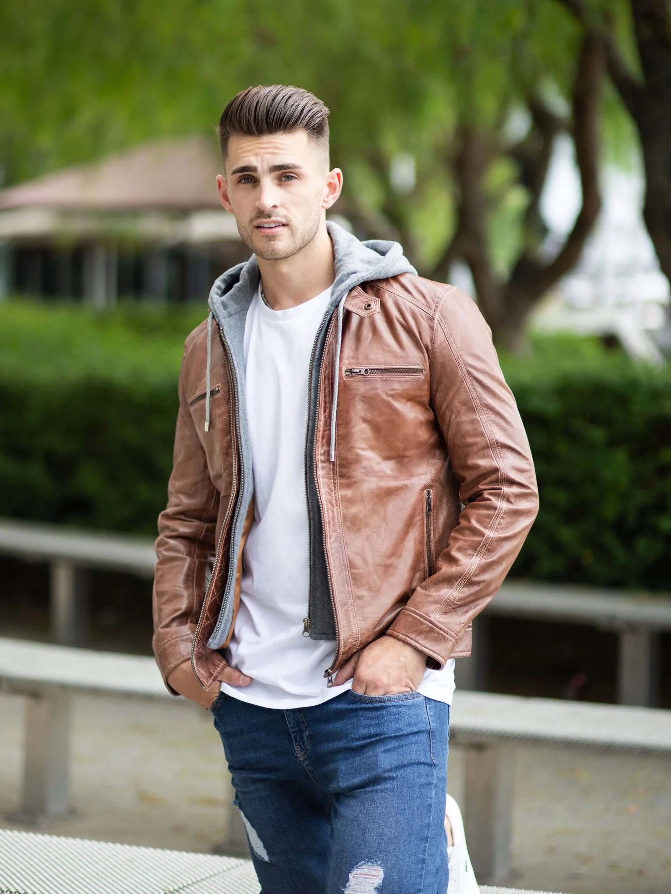 Men's Brown Leather Bomber Jacket With Hood Maher Leathers