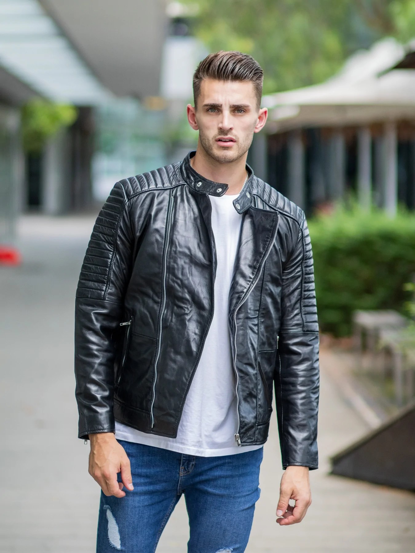 Men in Black Fashion Leather Jacket Quilted Shoulders