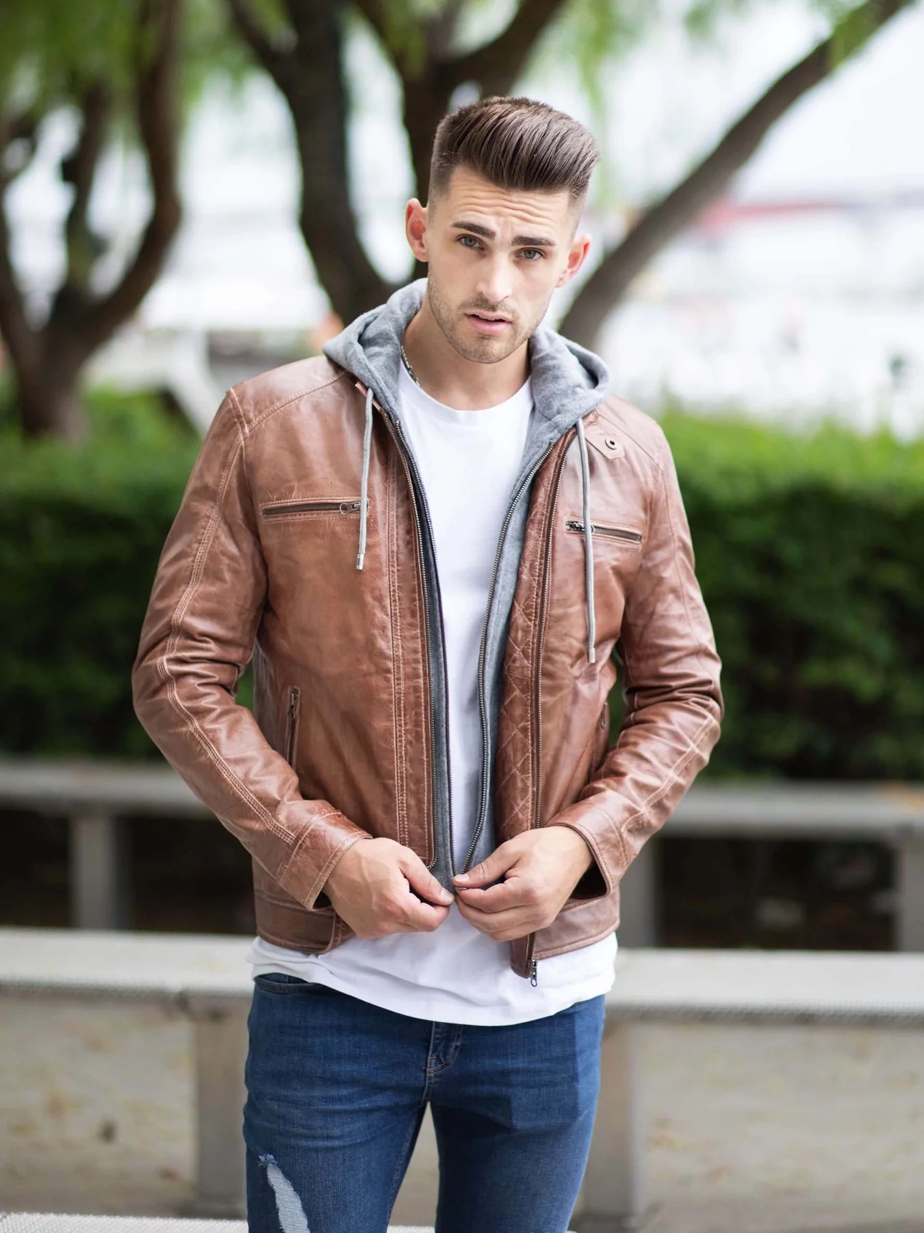 Men's Brown Leather Bomber Jacket With Hood Maher Leathers