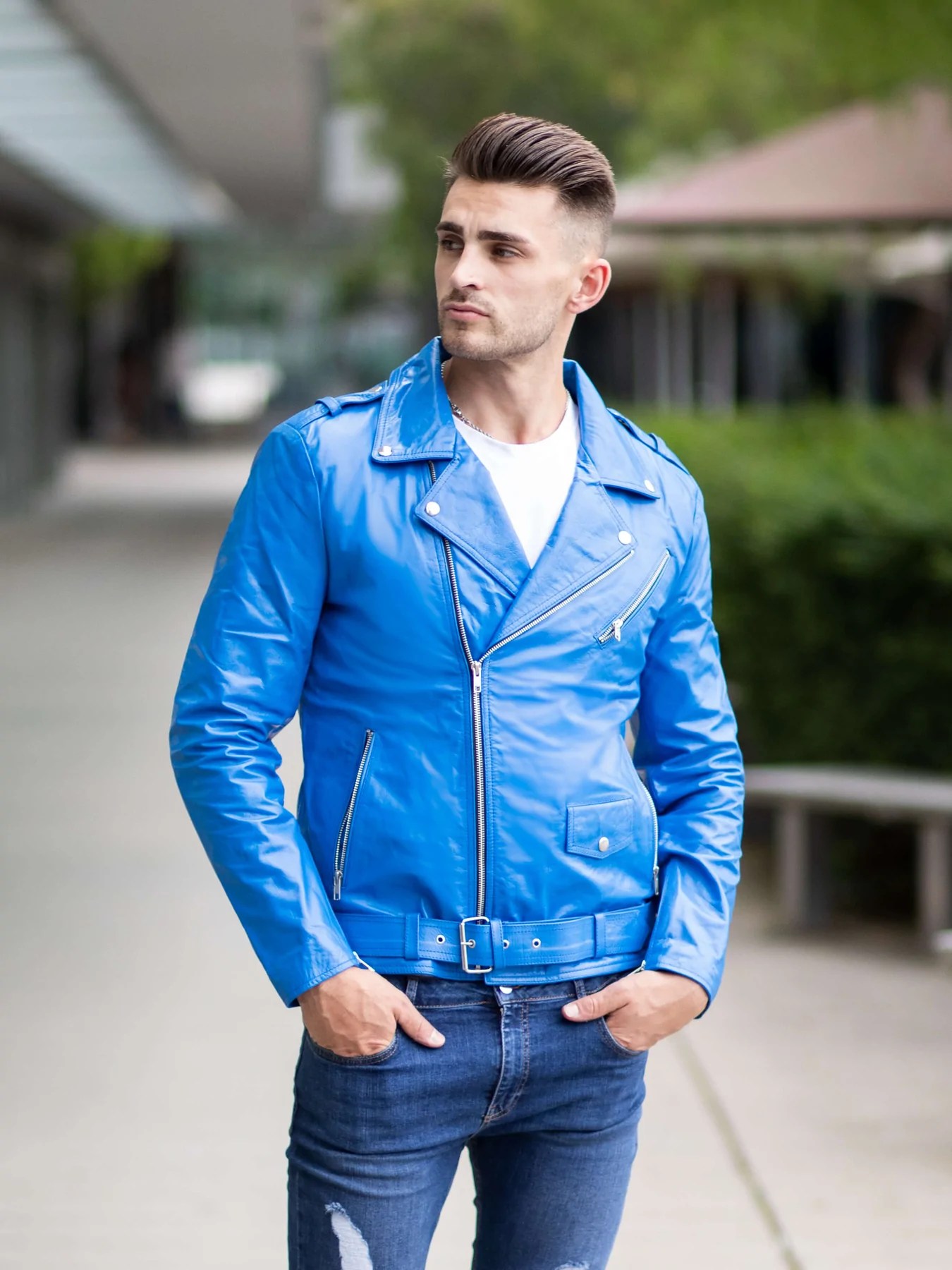 Belted Blue biker Leather Jacket For Men Maher Leathers