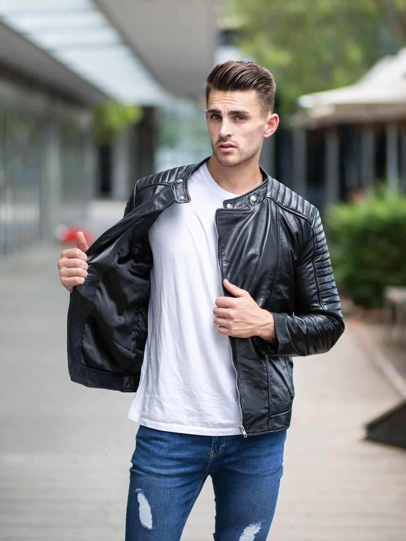 Men in Black Fashion Leather Jacket Quilted Shoulders