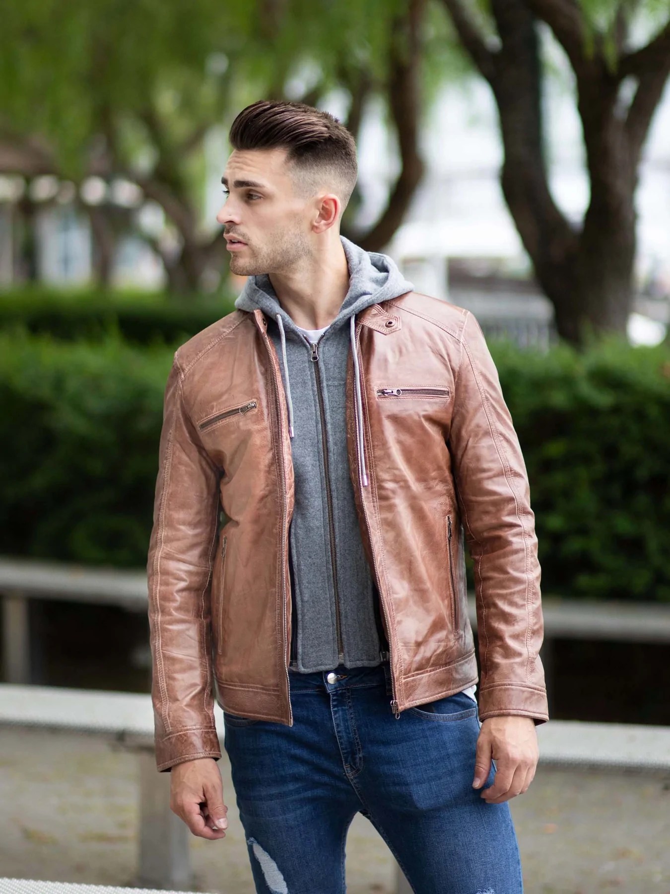 Men's Brown Leather Bomber Jacket With Hood Maher Leathers