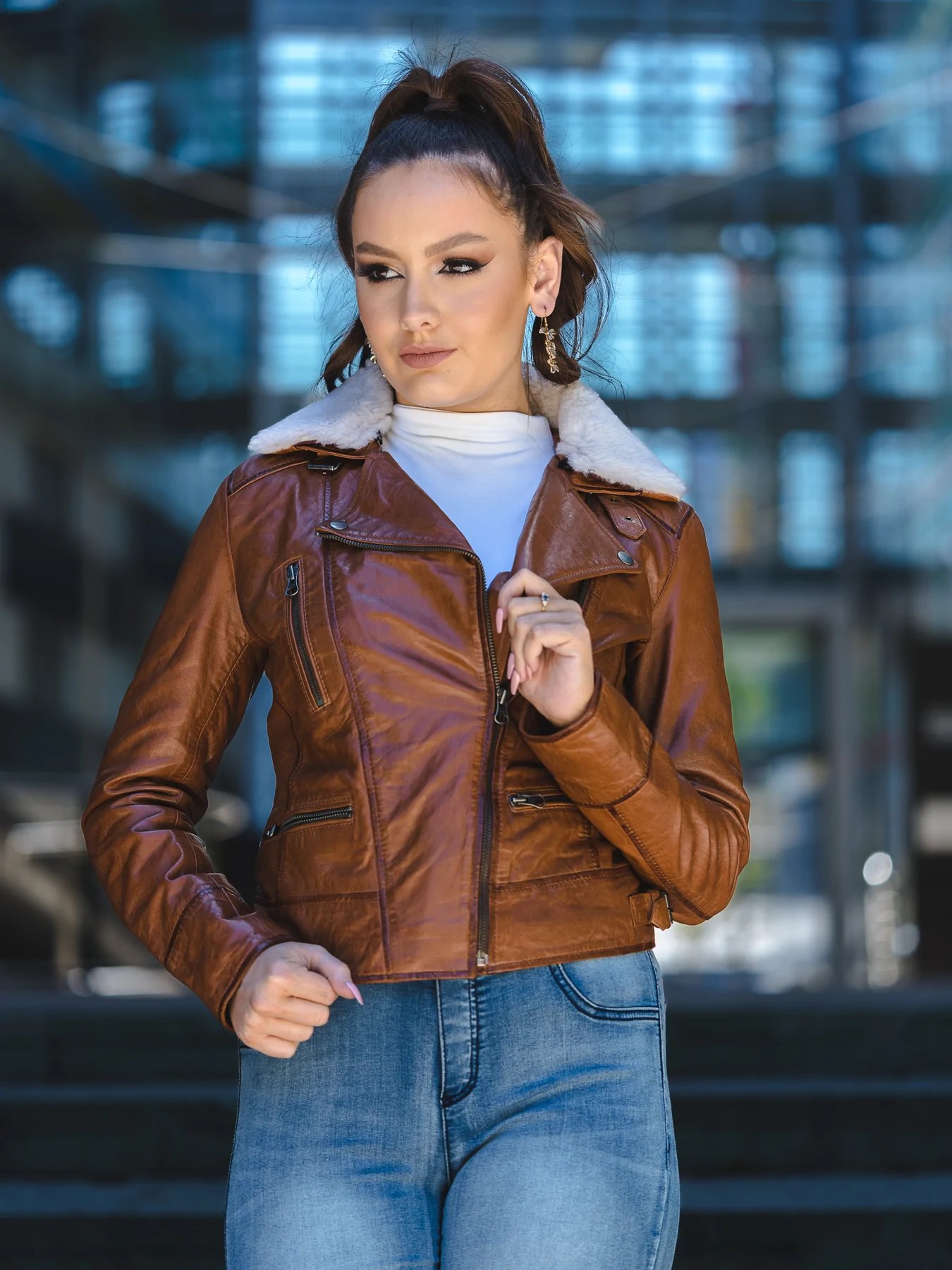 Womens Brown Leather Jacket with Fur Collar Maher Leathers