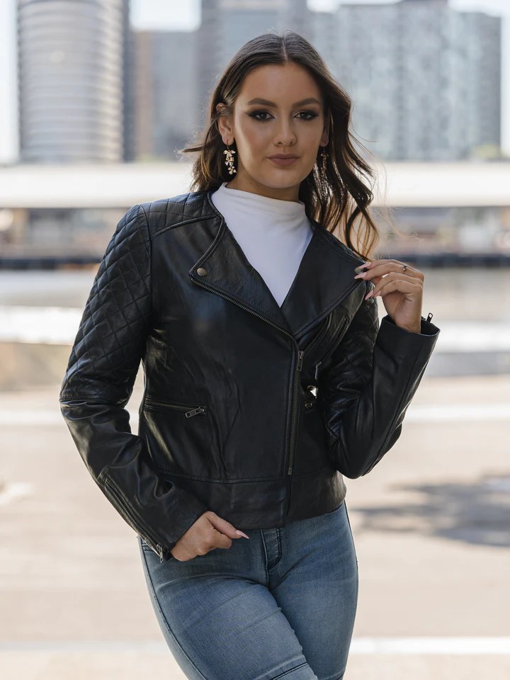 Women's Black Oversized Biker Leather Jacket Maher Leathers