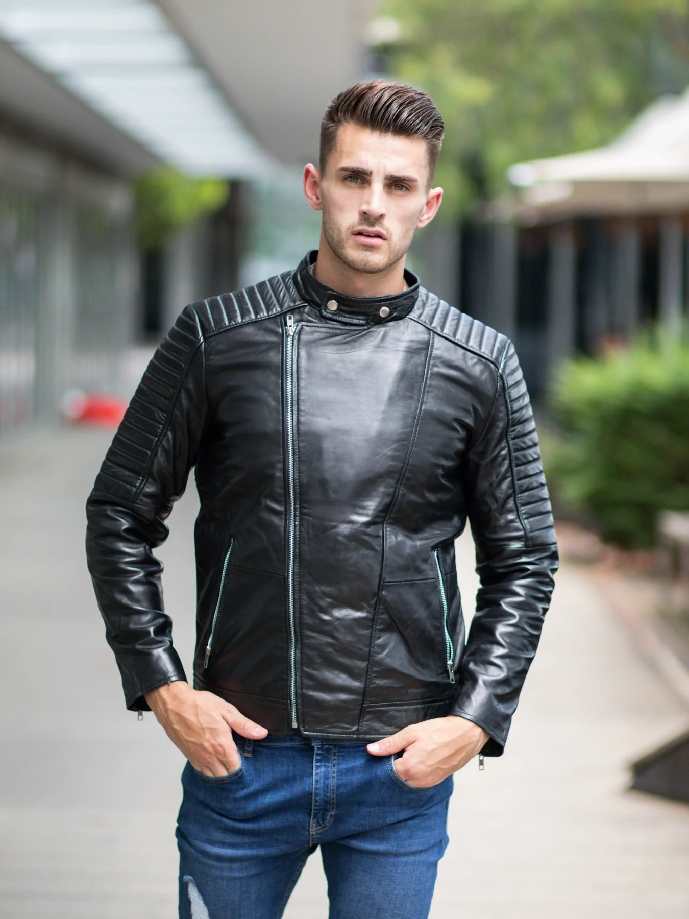 Men in Black Fashion Leather Jacket Quilted Shoulders