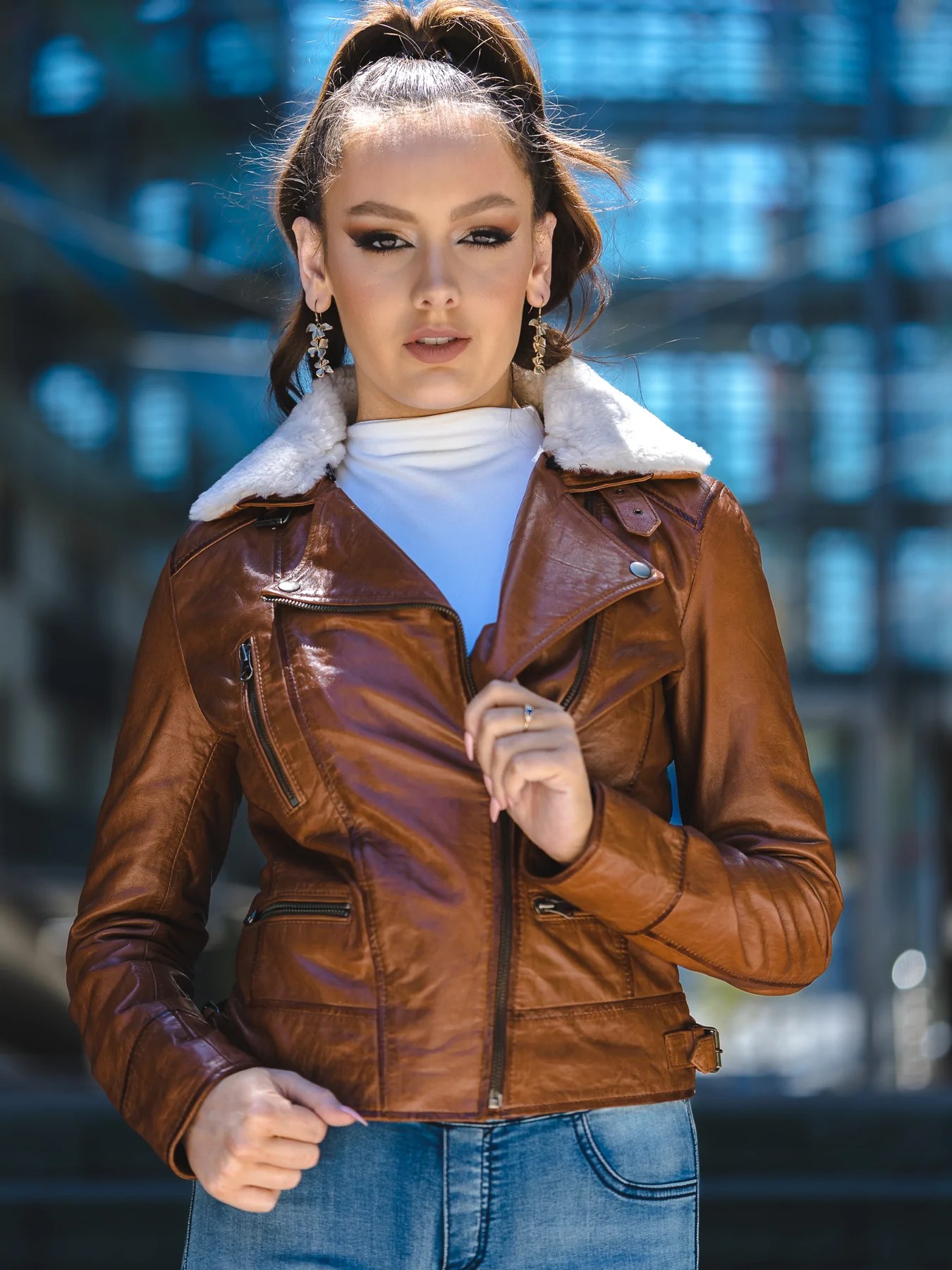 Womens Brown Leather Jacket with Fur Collar Maher Leathers