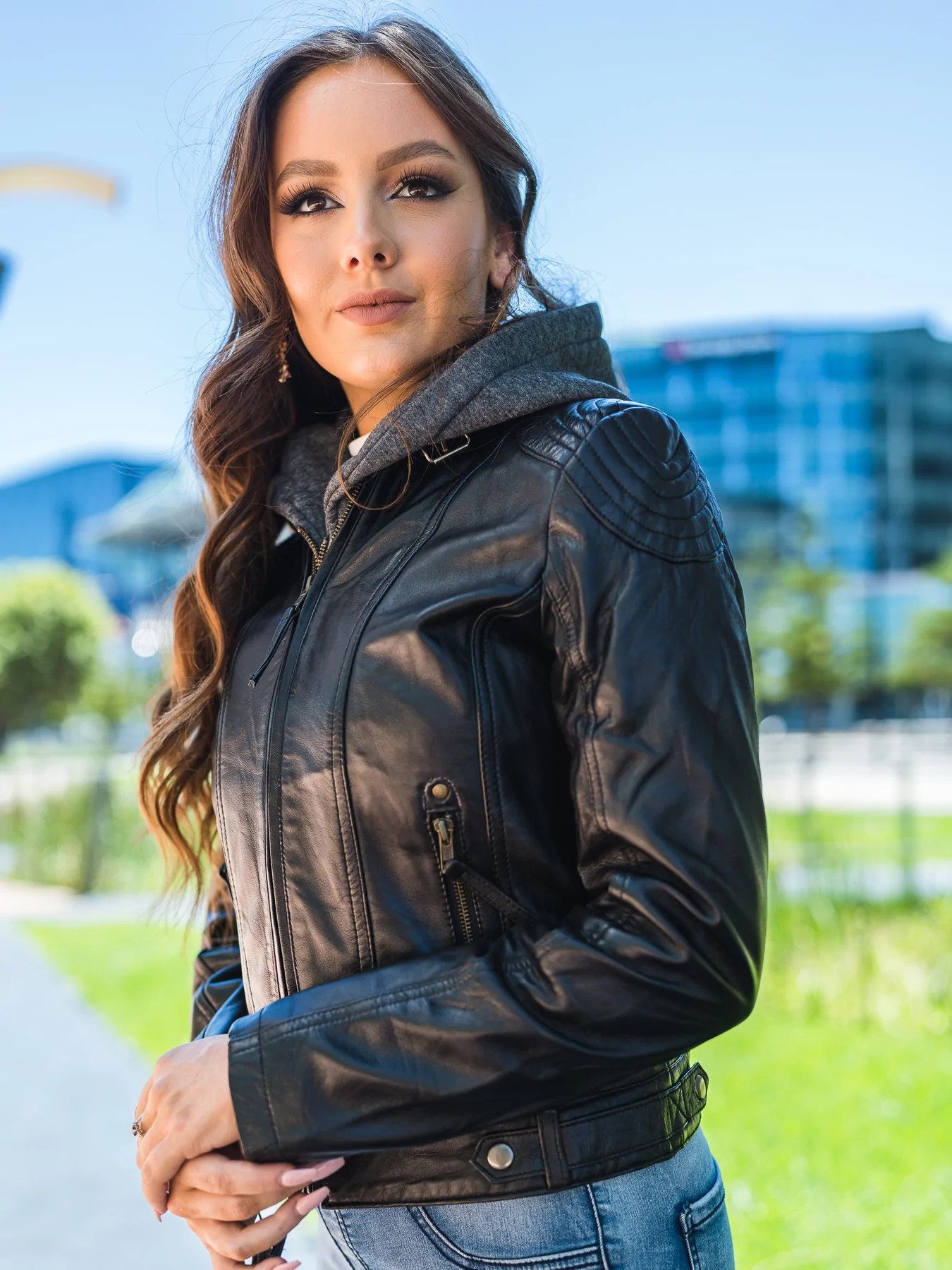 Black Hooded Leather Jacket Womens Maher Leathers