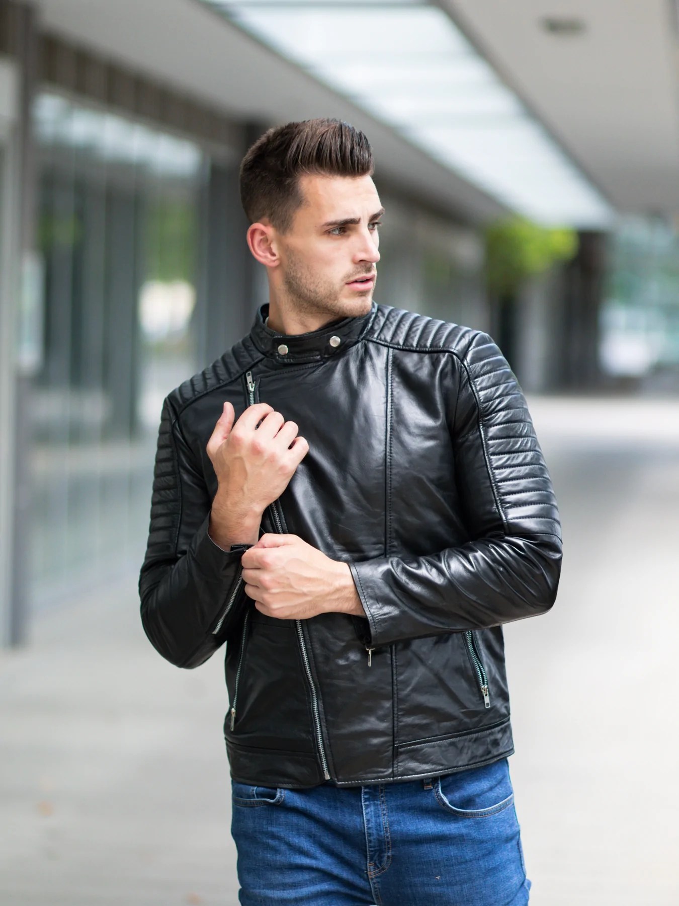 Men in Black Fashion Leather Jacket Quilted Shoulders