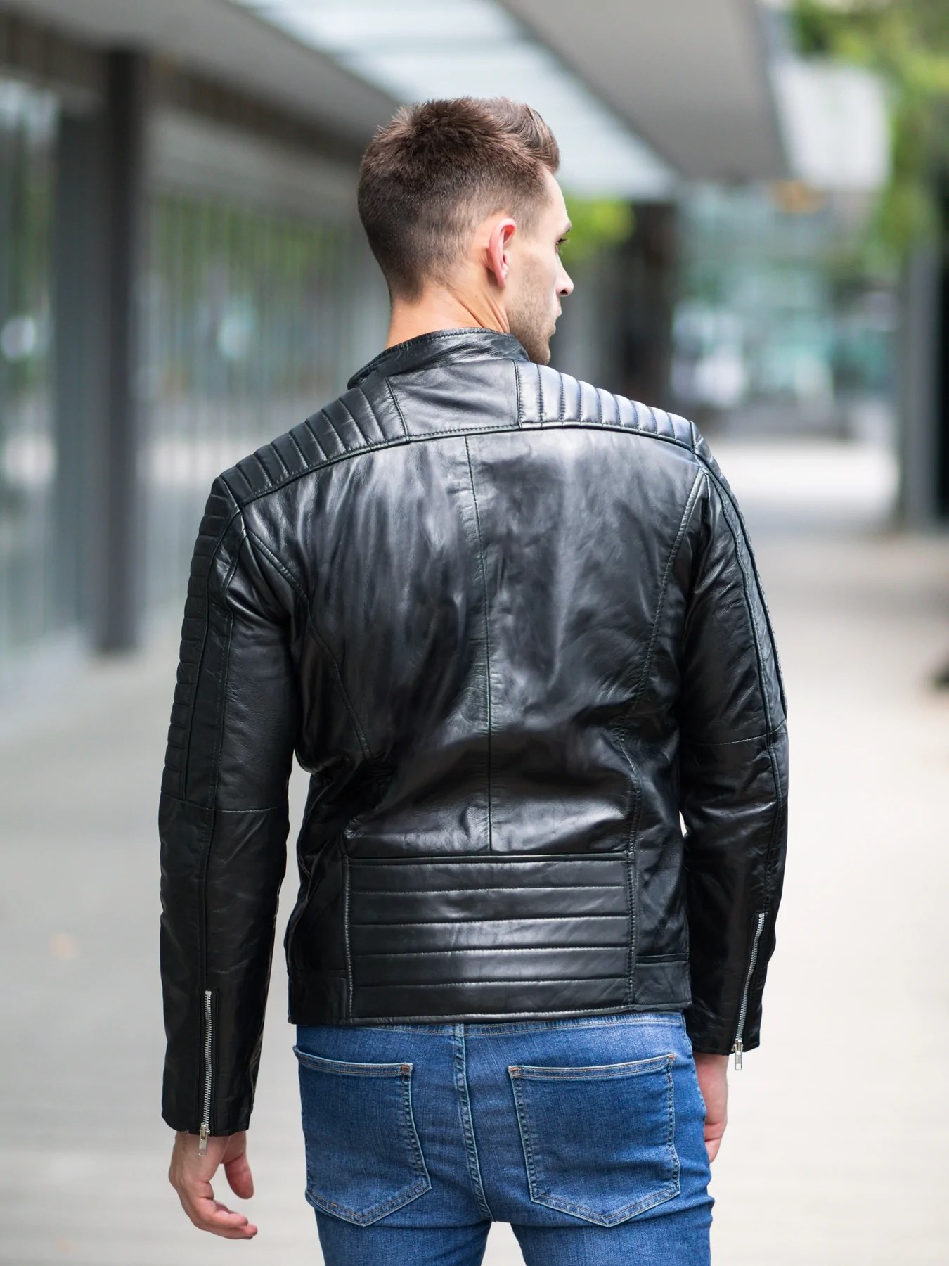 Men in Black Fashion Leather Jacket Quilted Shoulders