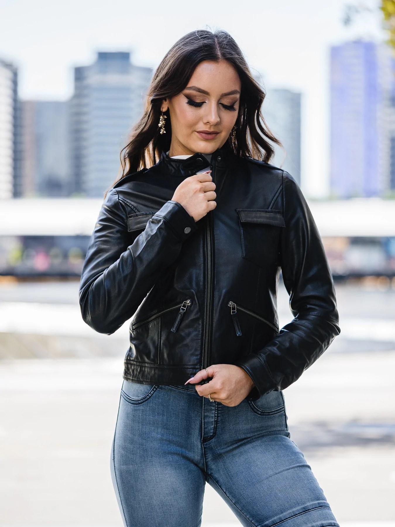 Fashion Black Leather Jacket Womens Outfit Band Collar