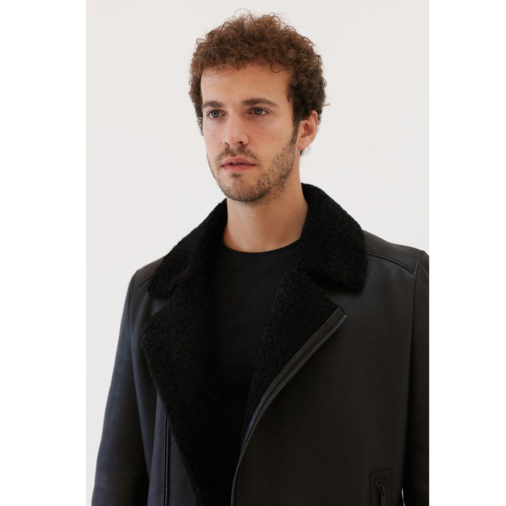 New Mens Nylon Black Pilot Sheepskin Jacket Maher Leathers