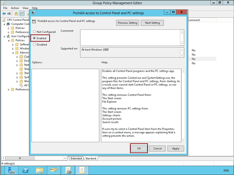 Prohibit Access to control panel for Domain Users in Windows Server 2012