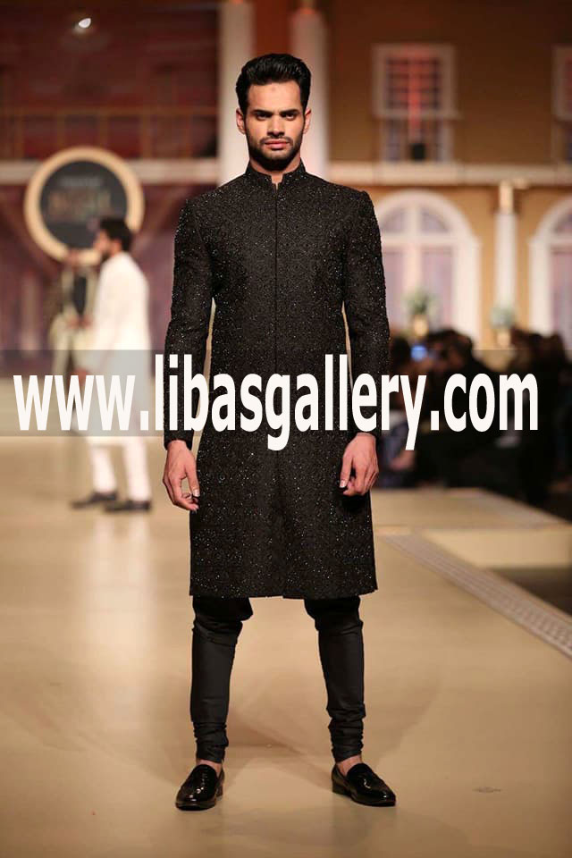 bespoke black sherwani 2018 fully embroidered fabric with inner suit