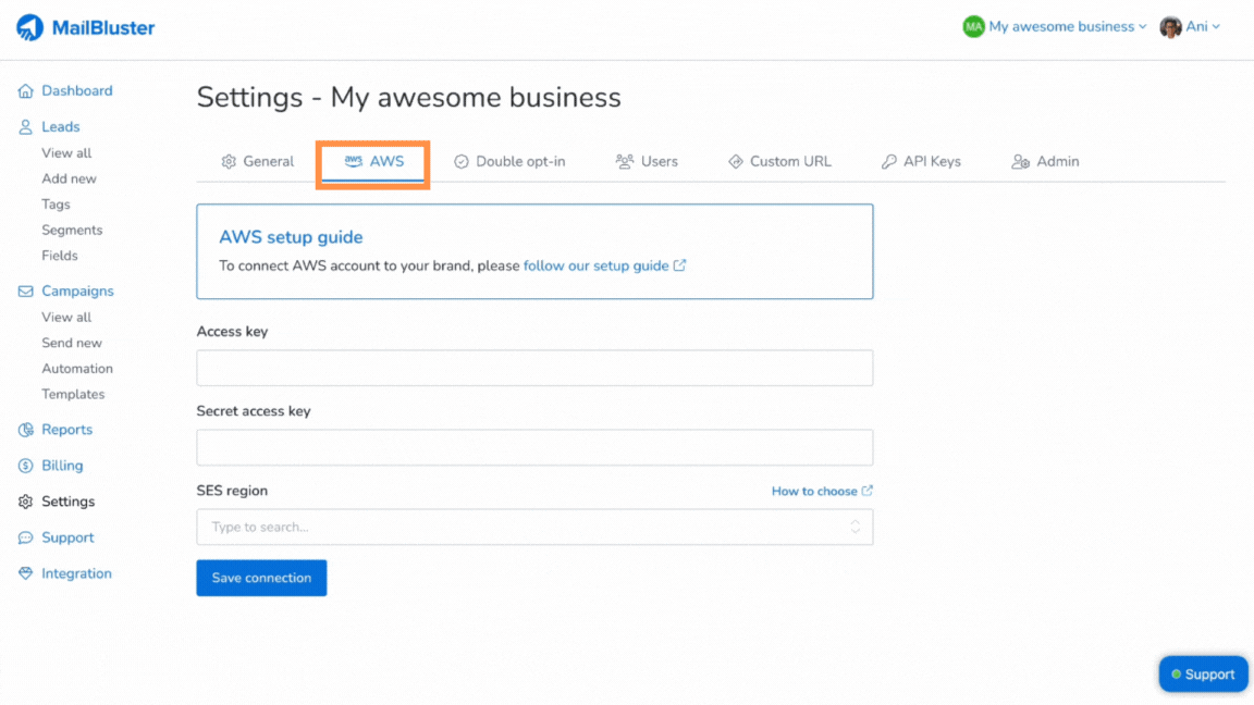 Create an AWS account and connect with MailBluster