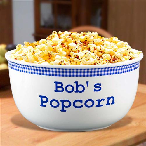 Blue Gingham Personalized 4 Quart Popcorn Bowls Personalized Stoneware