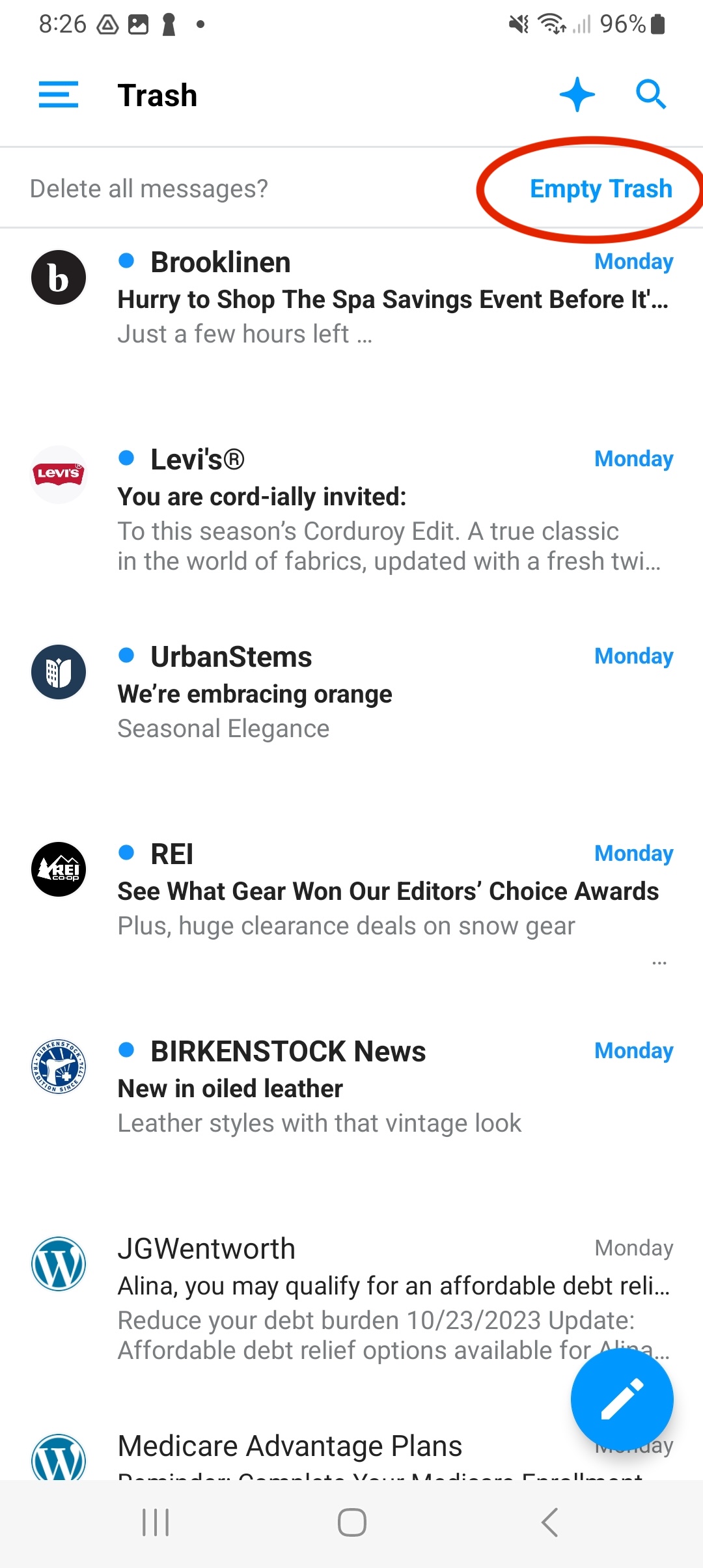 How do I empty my trash? Email