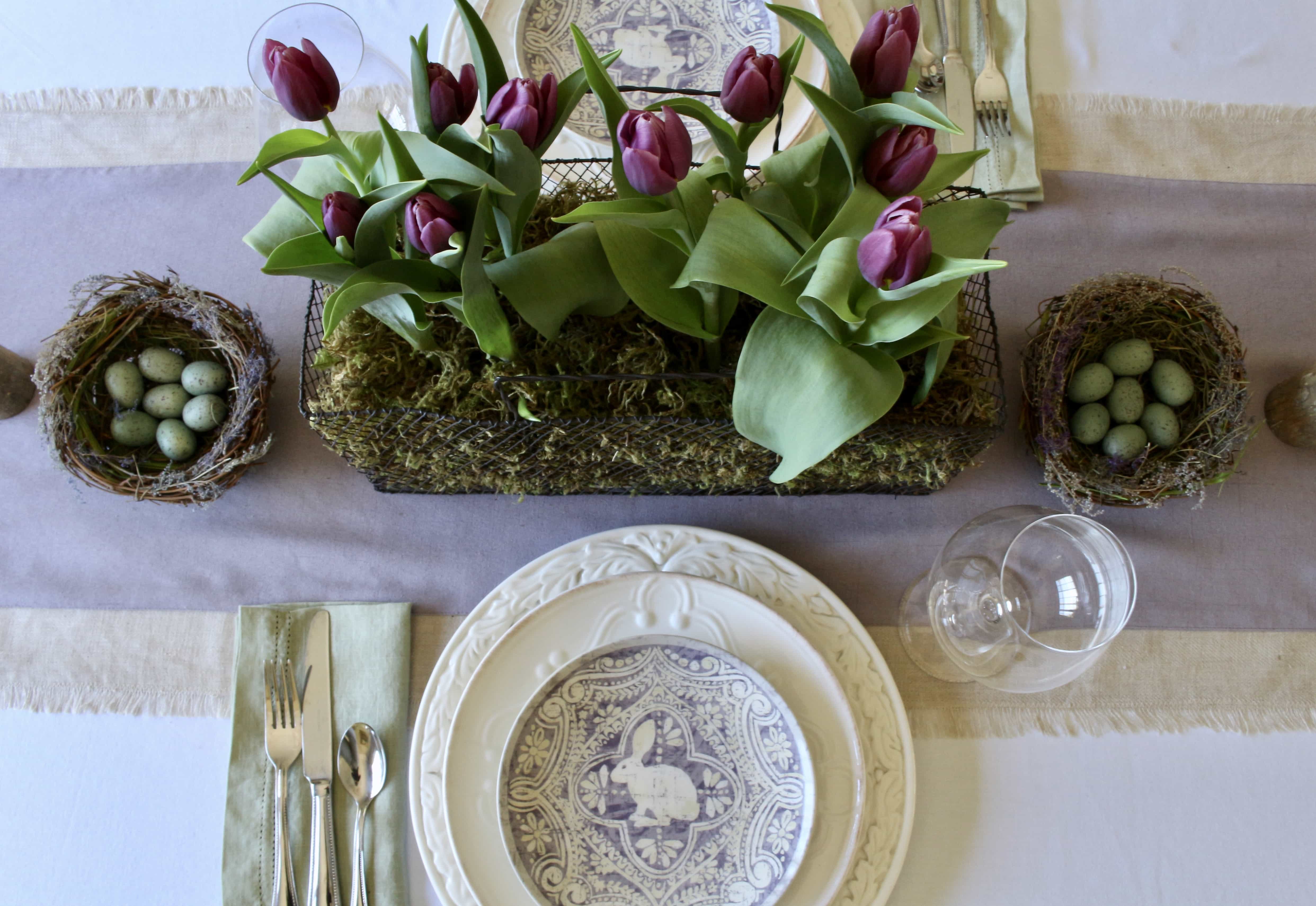 Easter Table with Purple Tulips and Pottery Barn Plates